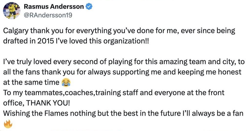 Andersson Sweepstakes Ends – Flames Fans Whelmed